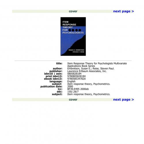 Item Response Theory for Psychologists (Multivariate Applications Book Series)